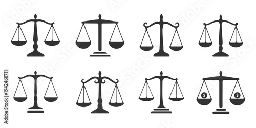 Scales of justice silhouette icon set, black balance symbols collection for law and court themes, classic legal vector illustration isolated. Simple black and white balance scales. Weight scales 