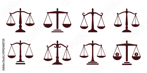 Scales of justice silhouette icon set, black balance symbols collection for law and court themes, classic legal vector illustration isolated. Simple black and white balance scales. Weight scales 