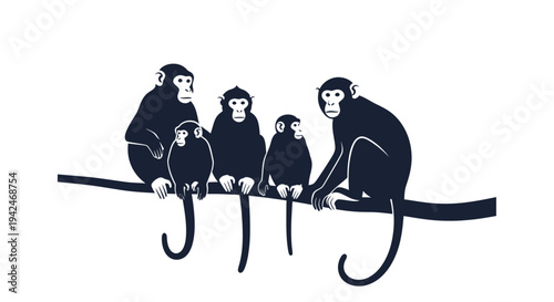 Five monkeys family sitting on tree branch minimalist style