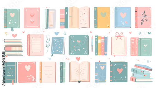 Pastel Books and Decorative Elements – Flat Vector Illustration Set