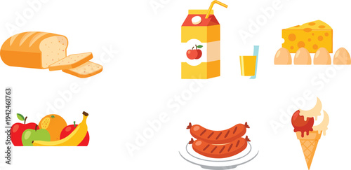 Food Icons Vector Set with Bread, Juice, Cheese, Fruits, Sausages and Ice Cream Flat Illustration