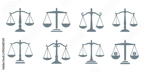 Scales of justice silhouette icon set, black balance symbols collection for law and court themes, classic legal vector illustration isolated. Simple black and white balance scales. Weight scales 