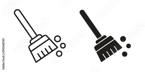 Broom sweeping dust icon clipart symbol isolated on white background. Flat and stroke designs.