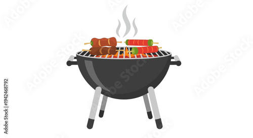 Flat design barbecue grill with skewers and smoke