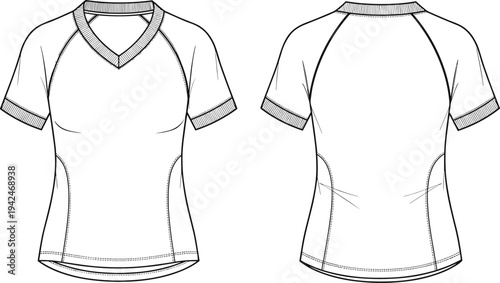 Women's Sport T-Shirt Technical Fashion Illustration Set Featuring Front and Back Views With V-Neck Raglan Sleeves And Contoured Side Panels For Activewear Design Template