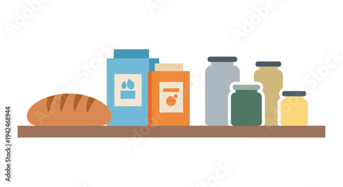 Flat design groceries and food items on a pantry shelf