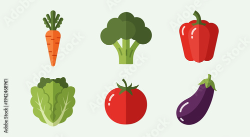 Flat design icons of various fresh vegetables on light background