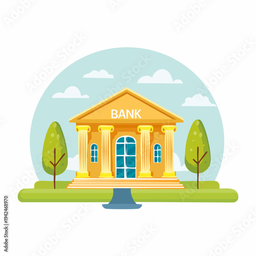 Flat design illustration of a classic bank building exterior