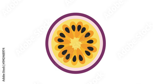 Flat design illustration of a cut passion fruit with seeds
