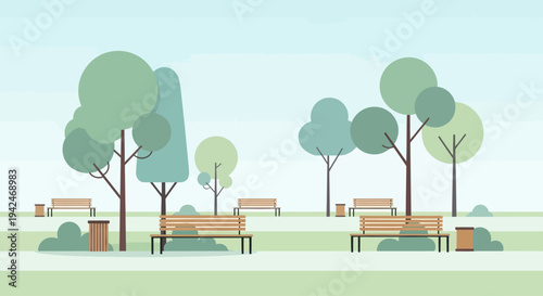Flat design illustration of a public park with trees and benches