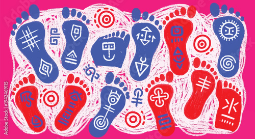 Tribal footprints with ancient symbols on pink background