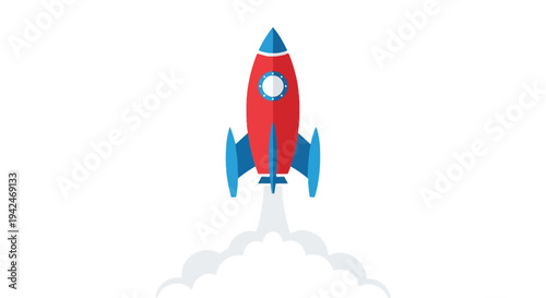 Flat design rocket launching with smoke on white background