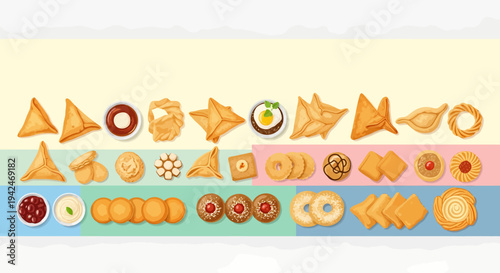 An appealing collection of diverse baked goods and sweet treats, showcasing an array of traditional pastries, cookies, and desserts, artfully arranged on a vibrant background