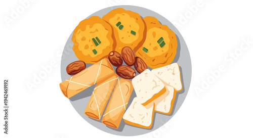 A Delicious Assortment of Appetizers Spring Rolls, Tofu, and Savory Fritters