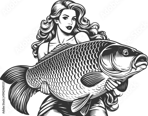 Woman Holding Big Fish Vintage Engraving Fishing Vector Illustration,Beautiful Woman With Giant Fish Vintage Hand Drawn Fishing Illustration