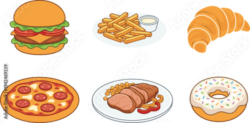 Fast food meal vector set burger fries croissant pizza steak and donut colorful cartoon illustration isolated food collection