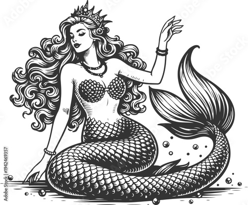 Mermaid Queen Vintage Engraving Sea Siren Vector Illustration,Elegant Mermaid Queen With Crown Vintage Hand Drawn Ocean Vector