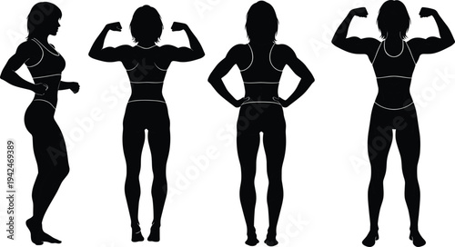 Female bodybuilder athlete silhouettes flexing muscles front back and side poses isolated black vector illustration fitness strength training