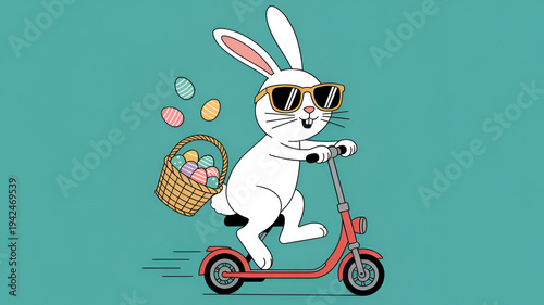 White cartoon bunny wearing sunglasses rides red scooter with easter egg basket on a teal background symbolizing fun and leisure during easter holiday