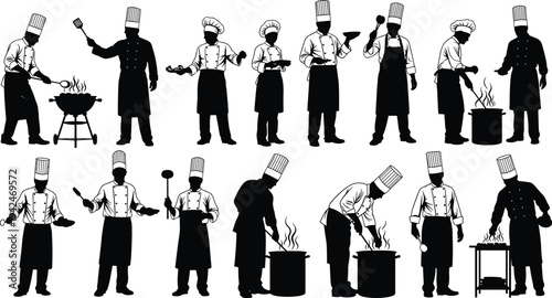 Black collection of professional chef silhouettes cooking with pots and pans on grill set isolated on white background for restaurant kitchen design vector