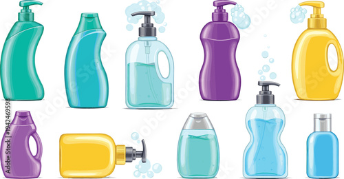 Liquid Soap and Detergent Bottles Vector Set with Pump Dispensers, Dishwashing Liquid, and Cleaning Gel Containers for Household Hygiene Products