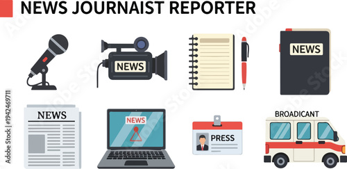 A collection of journalist tools microphone camera notepad pen notebook newspaper laptop press badge and broadcast van