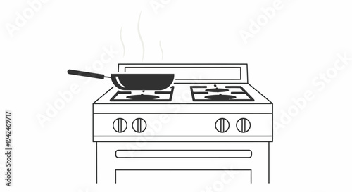 Frying pan on cooking stove with steam rising