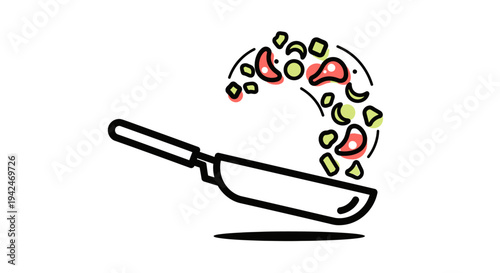 Frying pan tossing food ingredients flat line icon