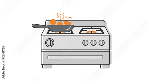 Frying pan with food cooking on a kitchen stove burner