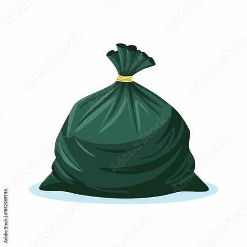 Full green tied plastic trash bag isolated on white