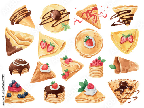 Pancakes with Different Stuffings Set Featuring Rolled Crepes Strawberry Berry Raspberry Chocolate Cartoon Vector Illustration