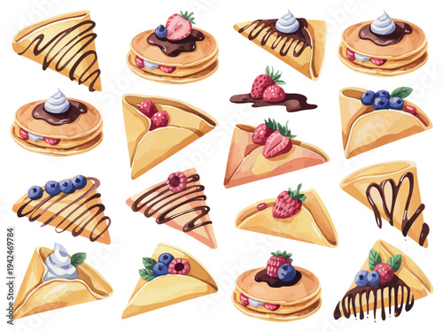 Pancakes with Different Stuffings Set Showing Rolled Crepes Strawberry Berry Raspberry Chocolate Cartoon Vector Illustration