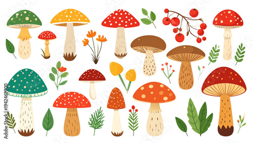 Forest Mushrooms with Berries and Leaves – Vector Illustration