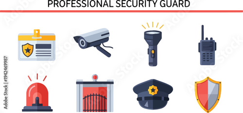A flat illustration of security guard equipment Items include a badge camera flashlight radio siren gate cap shield