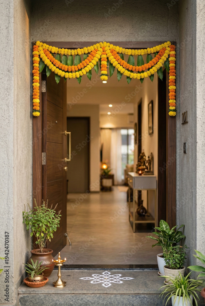 Fototapeta premium Indian home entrance decorated for Gudi Padwa festival