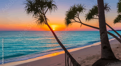 Golden sunset over tranquil tropical beach with palm trees