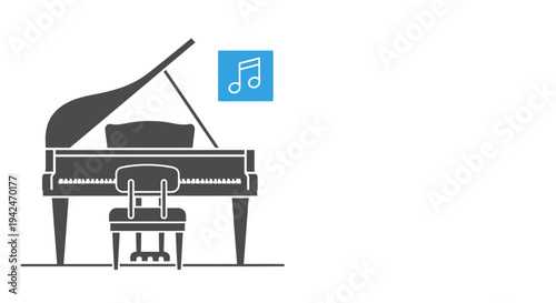 Grand piano and stool with musical note icon illustration