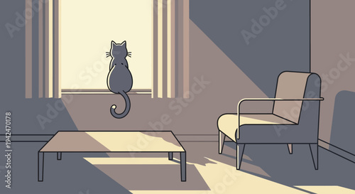 Gray cat looking out window in cozy sunlit room