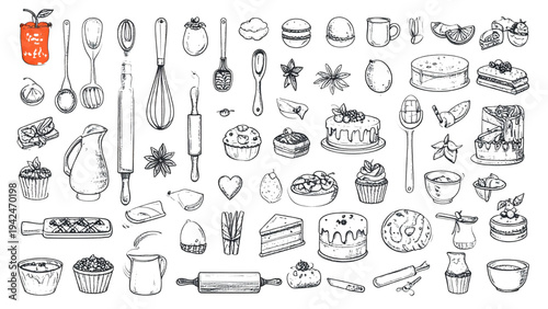 Hand-Drawn Baking and Cooking Line Art – Kitchen Tools and Ingredients Vector Set