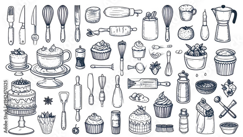 Hand-Drawn Baking and Cooking Line Art – Kitchen Tools and Ingredients Vector Set