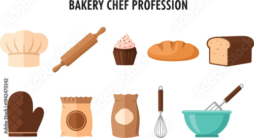 A graphic featuring bakery tools pastries and bread items A chefs hat rolling pin cupcake loaf oven mitt flour bags whisk and bowl