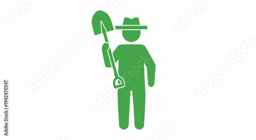 Green icon of a worker holding a shovel and wearing a hat