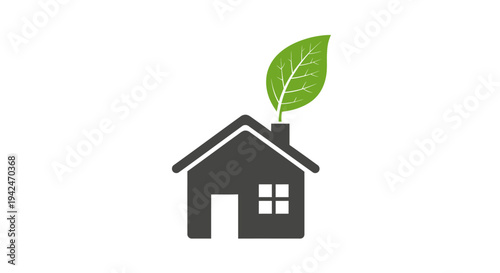 Green leaf growing from house chimney eco friendly home icon
