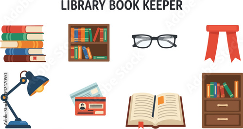 A graphic featuring librarythemed icons books glasses ID card open book bookshelves a desk lamp