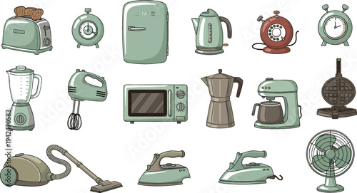 Retro Kitchen Appliances and Household Devices Vector Set with Blender, Toaster, Refrigerator, Coffee Maker, Microwave, Vacuum Cleaner and Electric Fan Illustration