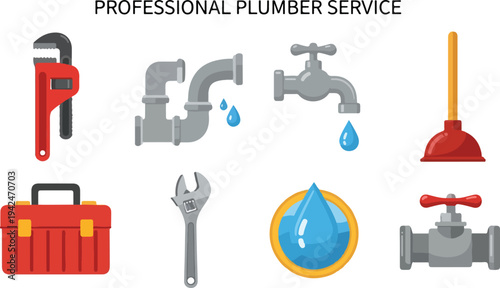 A plumber service graphic with plumbing tools a wrench pipes faucet plunger toolbox wrench water drop and valve
