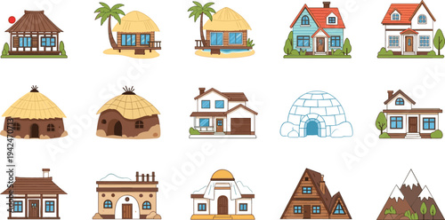 World Houses Vector Set with Traditional Homes, Igloo, Hut, Cabin and Different Architectural Buildings Illustration
