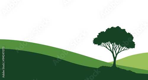 Green tree silhouette on rolling hills vector illustration