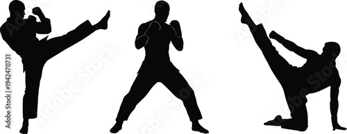 Martial arts fighter silhouettes performing kick and boxing stance isolated black vector illustration combat sport training action set