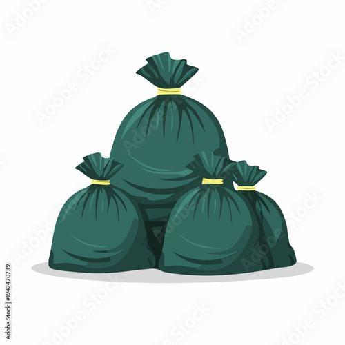 Green trash bags piled up on white background illustration